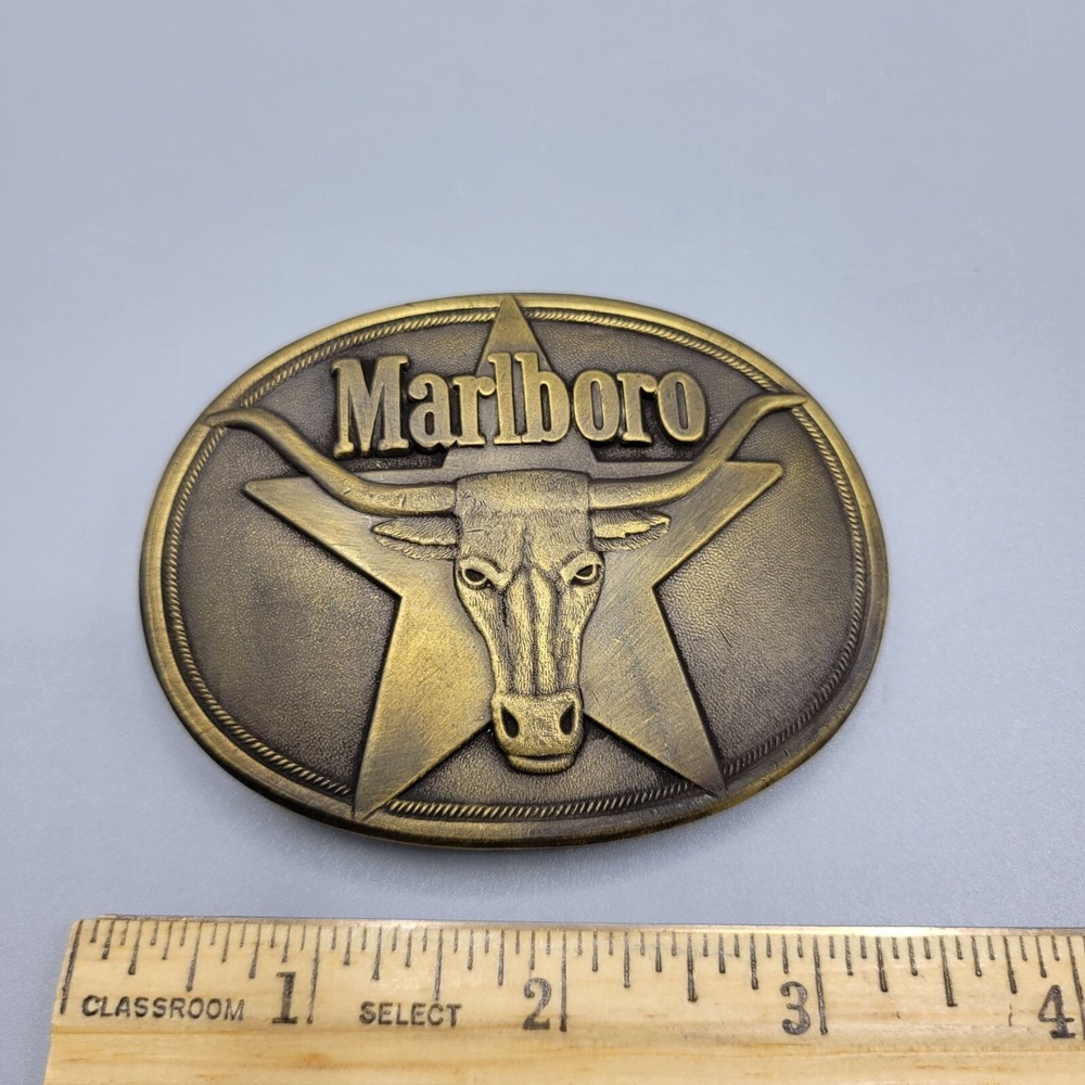 Vtg 1987 Marlboro Solid Brass Belt Buckle By Philip Morris Longhorn Design - Picture 5 of 5